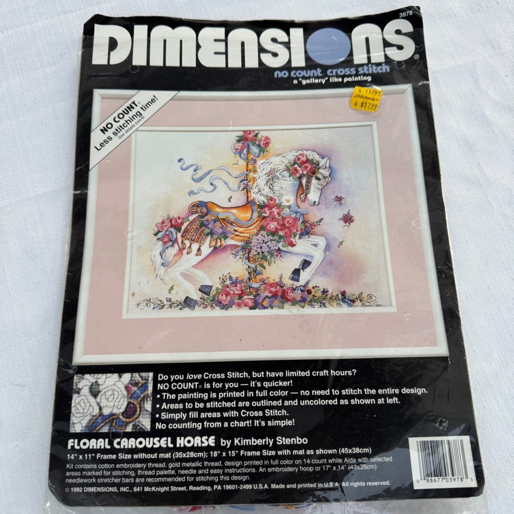 Vintage Dimensions No Count Cross Stitch Kit Floral Carousel Horse 3978 1992 DIY